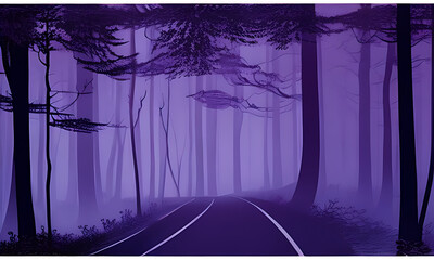 Generative Ai : Dark Lonely forest road illustration, purple