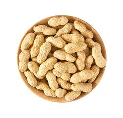 peanuts in shell in wooden bowl isolated on white background, top view.