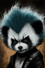 A cool rock panda, colorful hair, funny, rock and roll, rock n roll