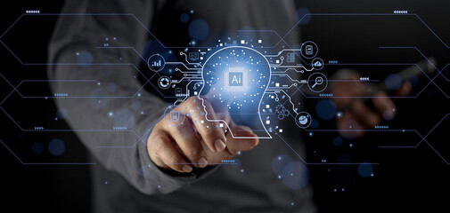 Businessman touching digital chatbot for provide access to information and data in online network, application and global connection, AI, Artificial intelligence, innovation and technology.