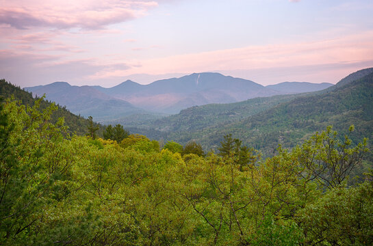 Scenery with forest and mountains at sunset, Adirondack Mountains, Keene Valley, New York State, USA