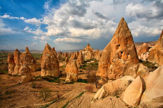 Phallic shaped towers of tufa in Love Valley near Goreme at dawn.