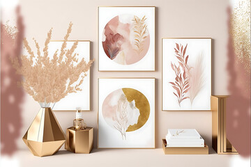 texture Abstract Arrangements. Frames, textures. Posters. Terracotta, blush, pink, ivory, beige watercolor Illustration and gold elements, on white background. Modern print set. Wall art. Business ...