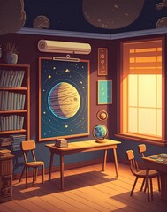 cartoon illustration, astronomy classroom in school, generative AI