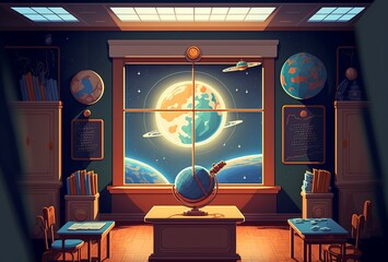 cartoon illustration, astronomy classroom in school, generative AI