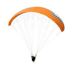 The sportsman flying on a paraglider. isolated on transparent background with clipping path. Beautiful paraglider in flight  with clipping path and alpha channel. for both printing and web pages. 

