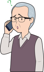電話で疑問を持つシニア男性