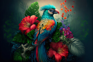 Poster parrots, hibiscus tropical flowers. Luxury wallpaper, poster. AI generated. illustration