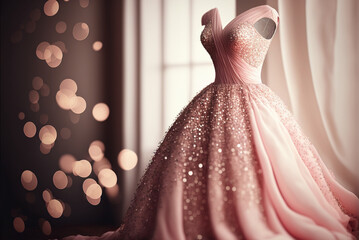 Elegant pink wedding dress , prom dress on hanger. Generative AI - obrazy, fototapety, plakaty