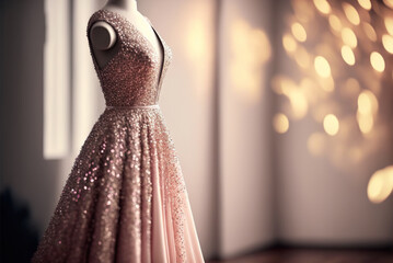 Elegant pink wedding dress , prom dress on hanger. Generative AI - 566425594