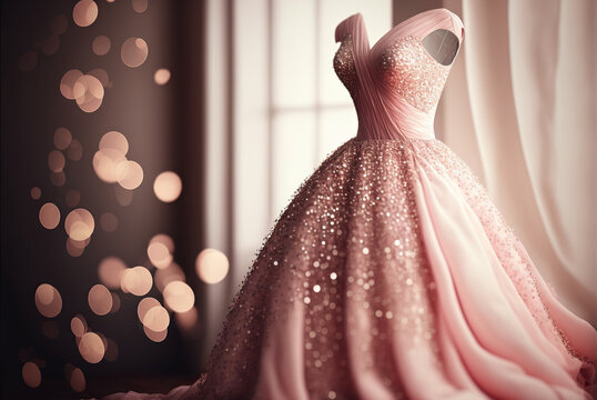 Elegant pink wedding dress , prom dress on hanger. Generative AI