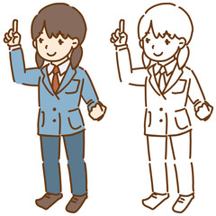 パンツスタイル制服を着た女子学生が指さしているベクターイラスト 
線画と色付き ブレザーとズボンの女子