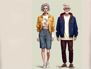 Pencil illustration of a mature, old and retired adult couple posing in modern clothing at a fashion show. Ai generated.