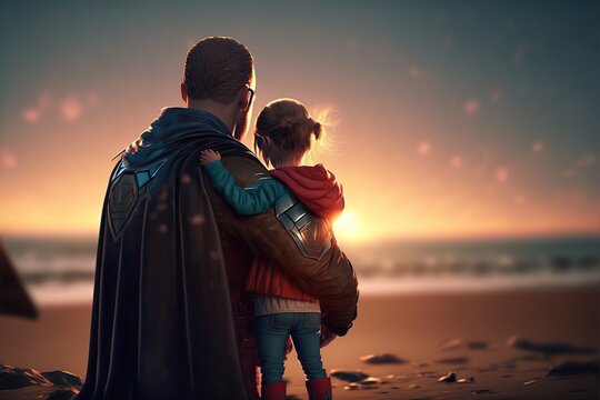 Illustration of a father hugging his daughter watching the sunset, dressed as superheroes. Ai generated.