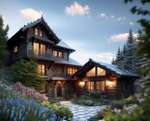 house in the snow in winter, beautiful winter landscape with snow covered trees