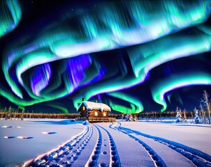 snow with snowy houses in winter forest with northern lights