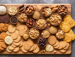 various types of nuts and crackers on a white background.