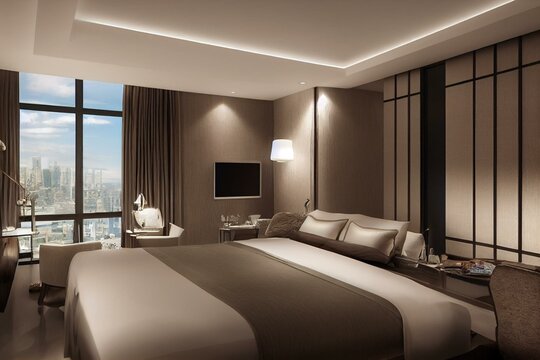 3d Rendering Beautiful Luxury Bedroom Suite In Hotel With Tv And Working Table. Generative AI