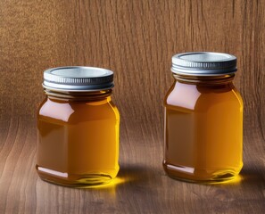 jars of honey on a wooden background.