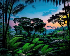 tropical jungle in a beautiful forest at sunset. the concept of the night landscape in the sky.