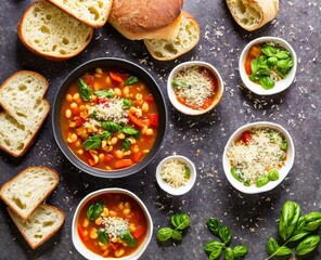 traditional spanish milestrone vegetable soup with vegetables. healthy food. vegetarian dish. top view.