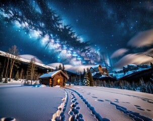 Milky way christmas wooden houses at night