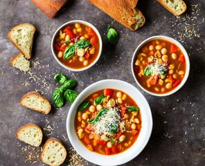 traditional spanish milestrone vegetable soup with vegetables. healthy food. vegetarian dish. top view.