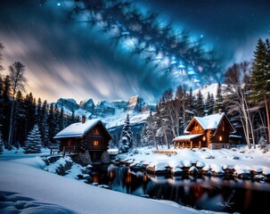 Milky way christmas wooden houses at night