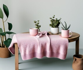 pink sweater, bedroom with cup of black tea and a blanket, on a light background.