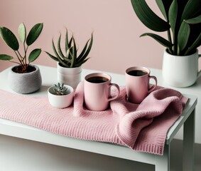 pink sweater, bedroom with cup of black tea and a blanket, on a light background.