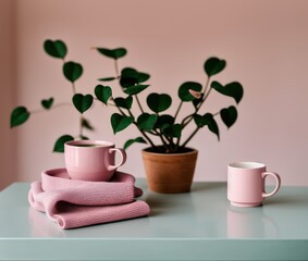 pink sweater, bedroom with cup of black tea and a blanket, on a light background.