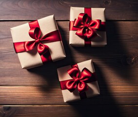 Valentines gift boxes and red ribbon on wooden background