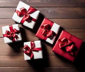 Valentines gift boxes and red ribbon on wooden background