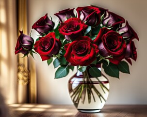 beautiful bouquet of red roses in a vase on a black background