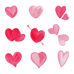 A set of pink watercolor hearts