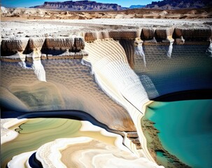 Pamukkale travertine colorful view of lake, nature landscape and river
