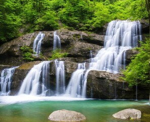 waterfall and forest. nature, travel, hiking concept