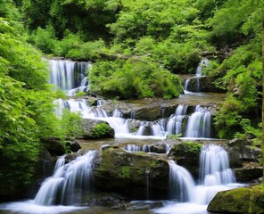 waterfall and forest. nature, travel, hiking concept