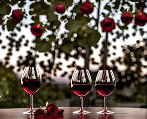 Valentine red wine in a glass on a table