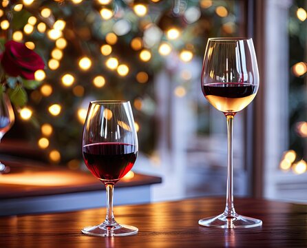 Valentine red wine in a glass on a table