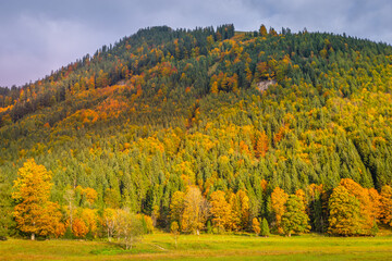 Karwendel alps at golden autumn sunrise, tyrol and bavarian alps border, Austria