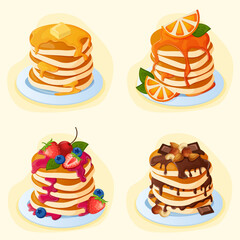 A set of sweet pancakes of different flavors on plates: with honey and butter, with orange, with berries and sauce, with chocolate syrup and nuts. Pancakes for the bakery menu