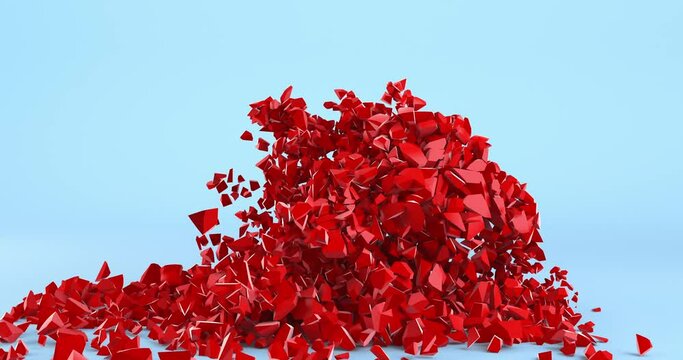  Shiny red heart shattering into tiny pieces. Breaking up, divorce, or broken heart. 3d render.