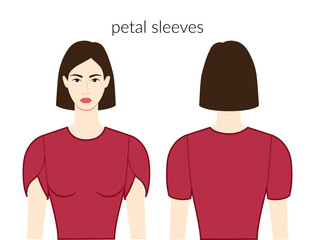 Petal sleeves short clothes, lapped, Tulip - lady in dresses, tops, shirts technical fashion illustration with fitted body. Flat apparel template front, back sides. Women, men unisex CAD mockup