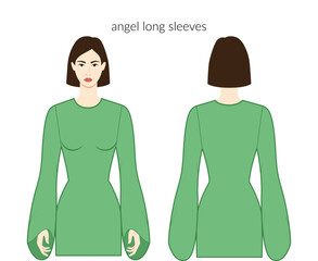 Angel sleeves long length clothes character beautiful lady in gleen top, shirt, dress technical fashion illustration, fitted body. Flat apparel template front, back sides. Women, men unisex CAD mockup
