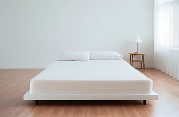 Minimalist white bed mattress on solid hardwood oak floor in cozy modern home bedroom. Minimalist white bright room Japanese style. Generative AI.