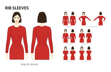Set of Rib sleeves clothes knit long, short, 3-4, elbow length, folded, straight technical fashion illustration with fitted body. Flat apparel template front, back sides. Women, men unisex CAD mockup
