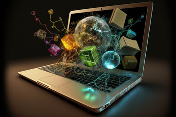 Fototapeta premium website offering online training. applied education. Computer with open pages. E-learning online education or internet encyclopedia concept. 3d illustration. . Generative AI.