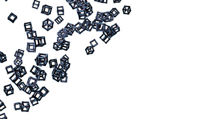 Blue illuminated black cubes with dots under white background. Block chain network technology concept illustration. 3D illustration. 3D CG. 3D high quality rendering. PNG file format.