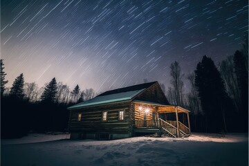 Long exposure stars over winter cabin